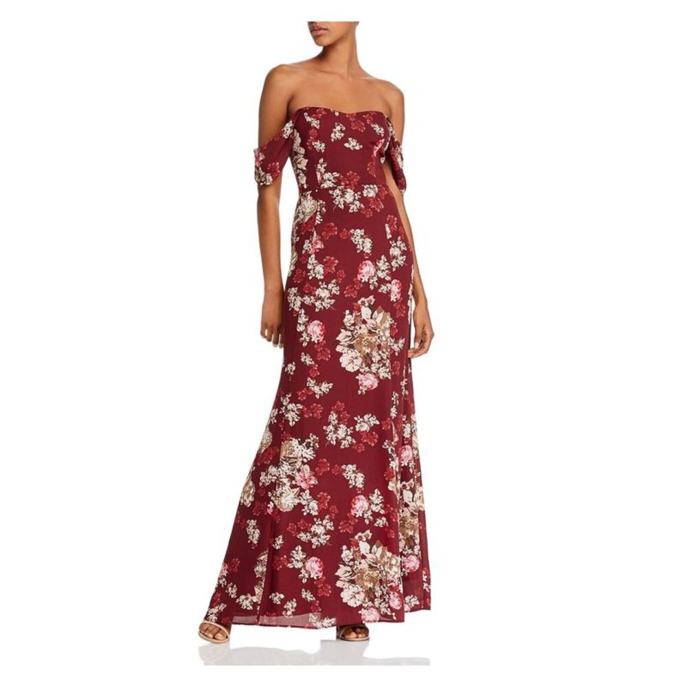 WAYF Womens Maroon Draped Sleeve Lined Maxi Fit + Flare Dress XXL